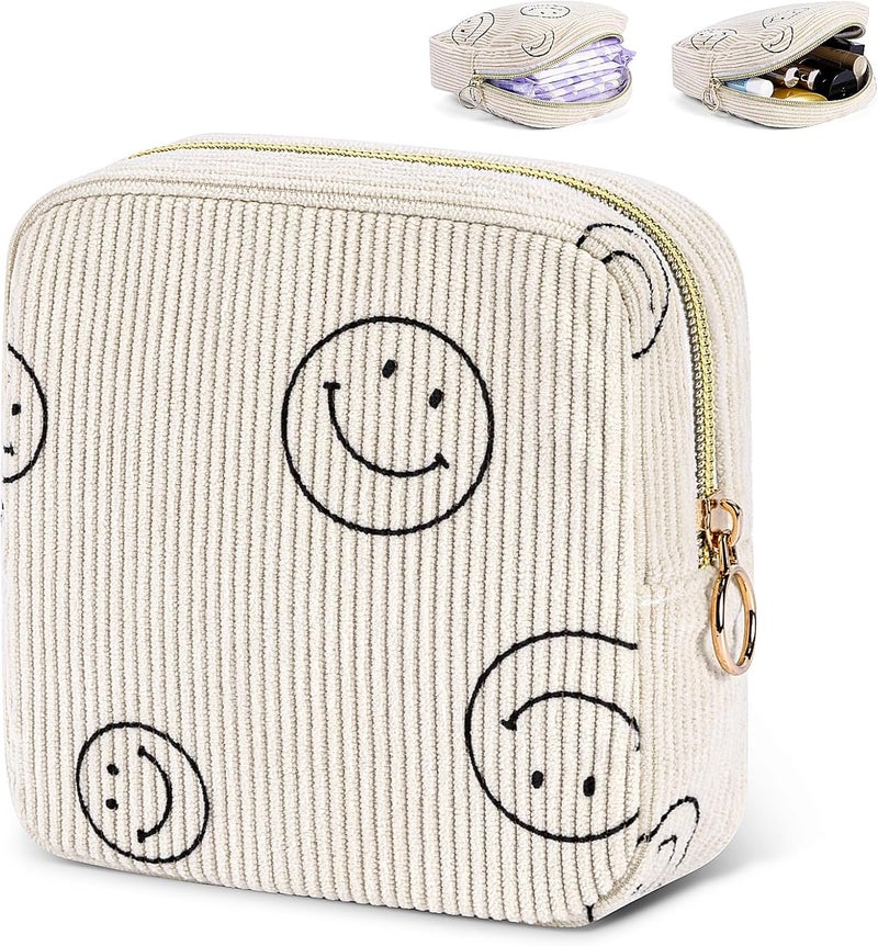 SIDESUGAR Period Bag for Teen Girls Shark Week Pouch Corduroy Portable Sanitary Pad Bags for Period Teen Period Pads Pouch for Panty Liners, Tampons, Menstrual Cup - Beige - Image 1